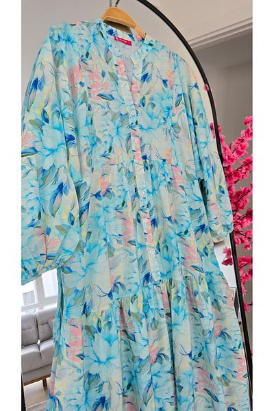 PREMİER VİE Testture Lilyum Fabric Blue Flowered Summer Dress