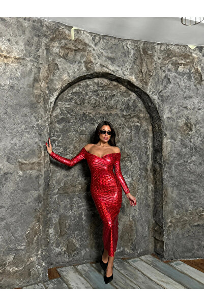 Genel Markalar Lame varak baskılı madonna yaka midi boy elbise