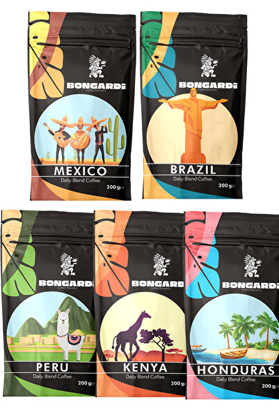 Bongardi Coffee Kenya Peru Honduras Mexico Brezilya Blend Kahve Seti 5x200g (ÇEKİRDEK)-(WHOLE BEAN COFFEE)