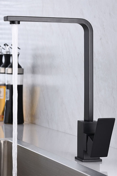 VSA Mat Siyah Kuğu Kare Mutfak Lavabo Bataryası Aç Kapa Kare Musluk Batarya