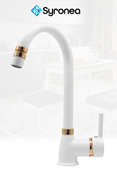 VSA Delta Beyaz Altın Mutfak Evye Bataryası 360 Derece Döner Başlıklı Lavabo ...