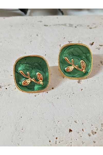 mos&more Nefti Green Enamel Gold Square Earrings