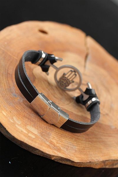 BESKAR Silver Color Fatma Mother Hand Black Color Leather Men's Bracelet with Metal Accessories