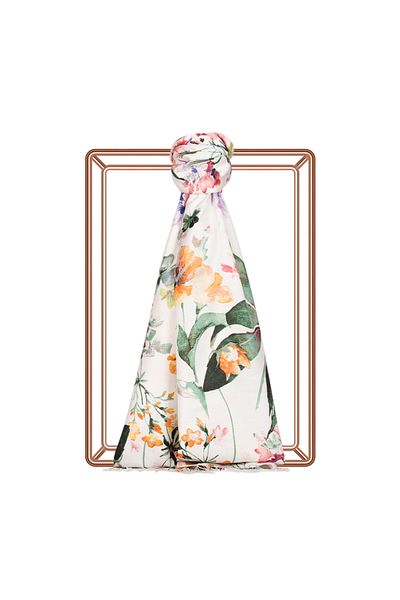ipekevi White Petrol Botanical Garden Patterned Silk Shawl
