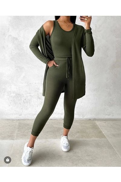 Silerra Women's Long Sleeve Cardigan Undershirt And Sweatpants Wool Viscose Triple Set
