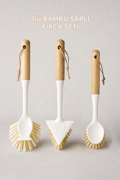 Destpak 3 Pack Bamboo Handle Brush - Sink, Dish and Bathroom Brush - Practical Wooden Handle Multifunctional