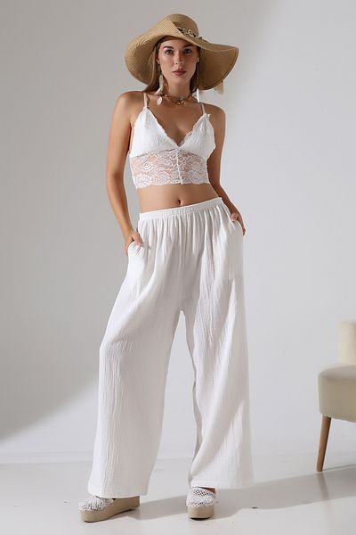 Dreamlike Ecru 100% Cotton Muslin Pocket Palazzo Trousers