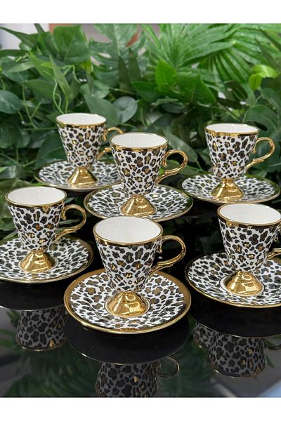 GONCAEV Coffee Cup Set for 6 People Leopard Pattern Cup Set