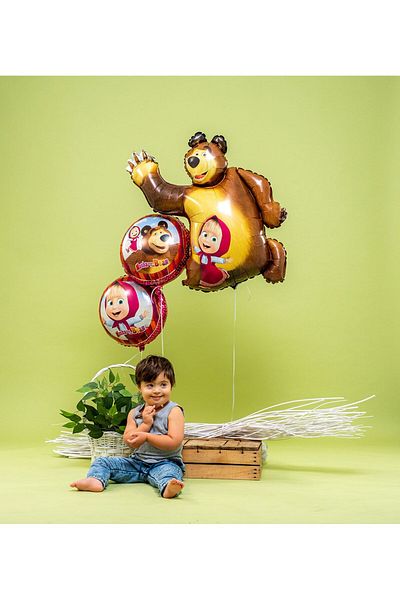 PARTİAVM 3 Year Old Masha and the Bear Golden Number Balloon Birthday Balloon Set Happy Birthday Banner