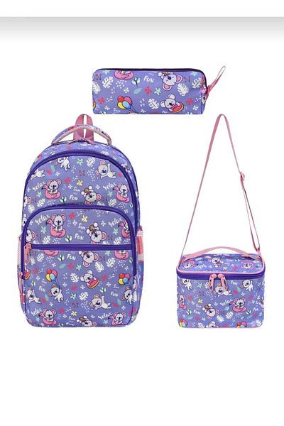 JaspEAdo Girl's 3-Piece Primary School Backpack with Character Patterned Foil Lunchbox and Pen Holder with Back Support