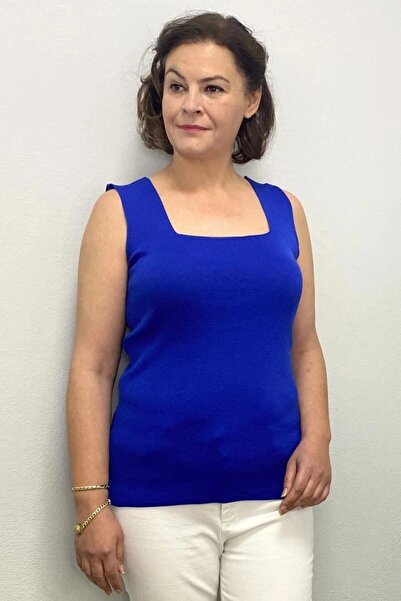 Mia Butik Plus Size Saks Blue Square Collar Knitwear Blouse