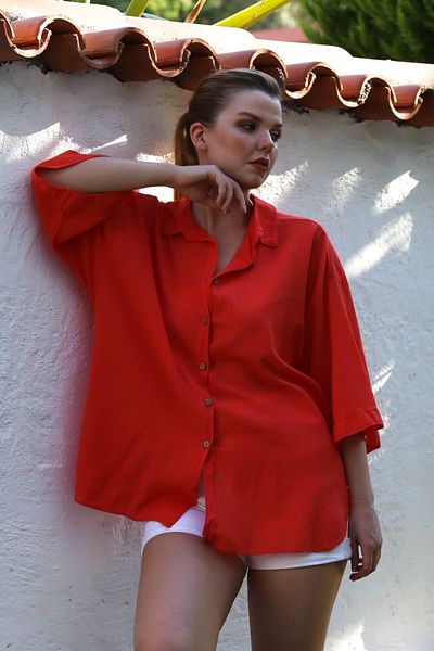 Chiccy Narcissi Shirt Collar 3/4 Sleeve Button Washable Casual Oversize Woven Shirt 75 68