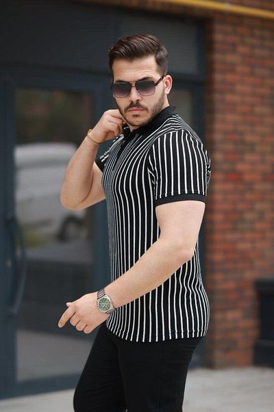 Aymood Men's Striped Zipper Collar Short Sleeve T-Shirt