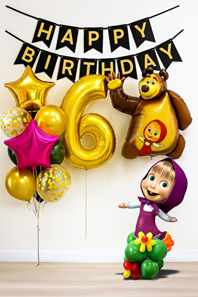 PARTİAVM 6 Yaş Maşa ve Koca Ayı Altın Rakam Balonlu Doğum Günü Balon Seti Hap...
