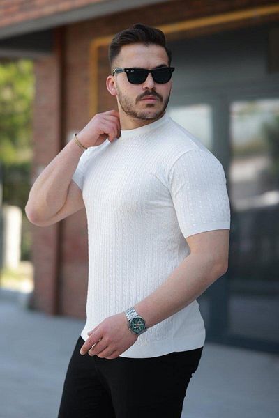 Aymood Men's Crew Neck Knit Patterned Short Knitted Knitwear Short Sleeve T-Shirt