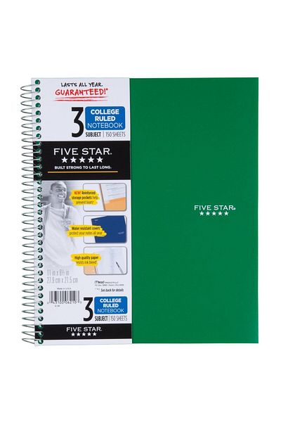 FiveStar Spiral Notebook, 3 Subject, College Ruled Paper 150 Sheets,White,27.9x21.5 cm,Assorted Plastic Cover