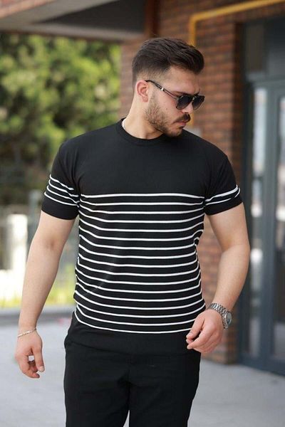 Aymood Men's Line Patterned Crew Neck Short Sleeve T-Shirt