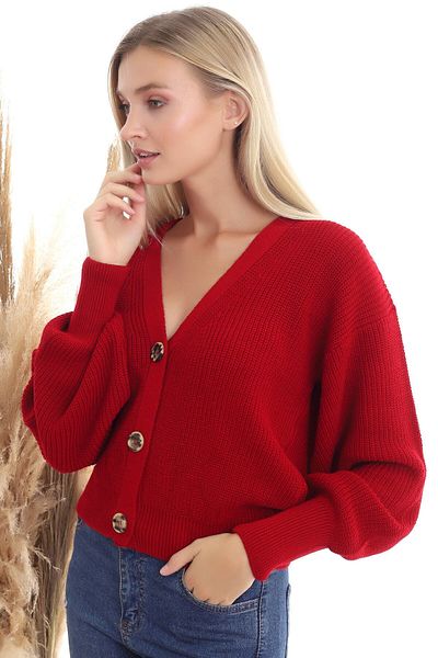 Dreamlike Women's Red 3-Button V-Neck Knitwear Cardigan