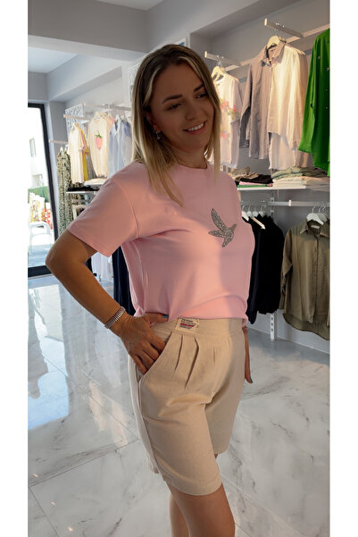 Mint Kadın Krem Rengi Beli Cırtlı Keten Şort