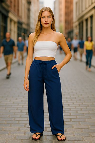 COMBİNE MİCHAİL Pantaloni albaștri de damă cu picioare largi și talie elastică