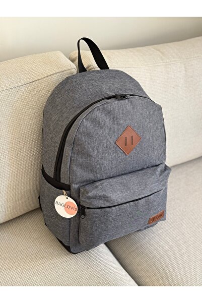 BAGLOVİS Canvas Fabric Gray Backpack with Pockets on the Front and Sides En35 Boy46