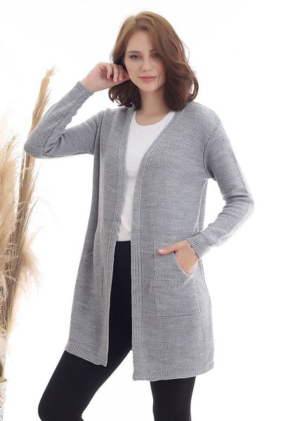 Dreamlike Women's Gray Kangaroo Pocket Knitwear Cardigan