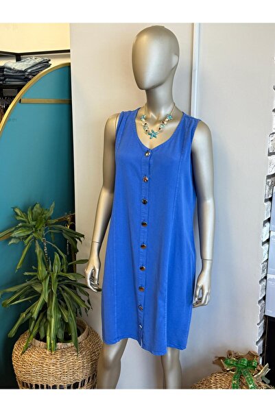 DOLCE QUEEN Women's Front Button Blue Dress