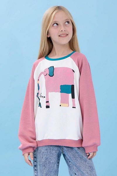 Perendi Girl's Elephant Printed Crew Neck Oversize Seasonal Sweatshirt - Ecru/Dried Rose
