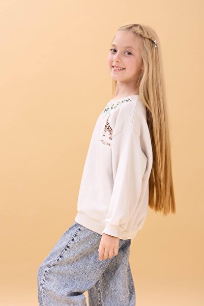 Perendi Κοριτσίστικο Καμηλοπάρδαλη Κεντημένο Εποχιακό Φούτερ Oversize – Πέτρα