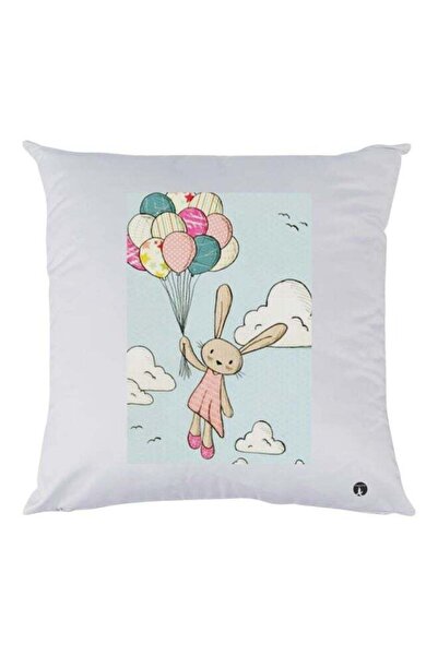 Generic Bunny With Balloons Printed Throw Pillow White/Blue/Pink 30x30cm