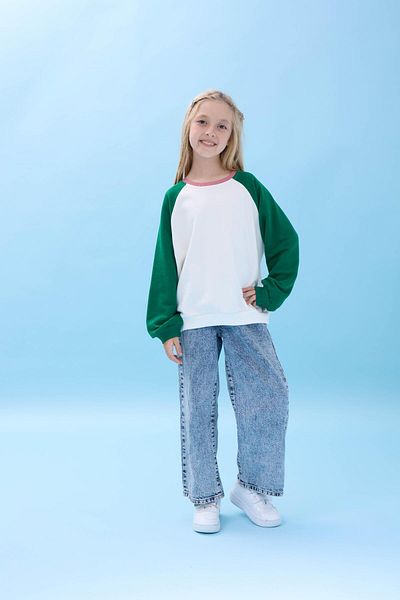 Perendi Girl's Crew Neck Colorful Basic Oversize Seasonal Nursery Sweatshirt - Ecru/Green