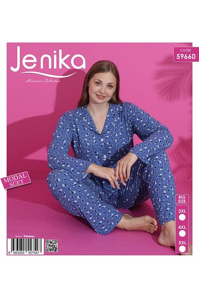 JENİKA Set de pijamale pentru femei din țesătură modală din piele intoarsa albastra marime mare
