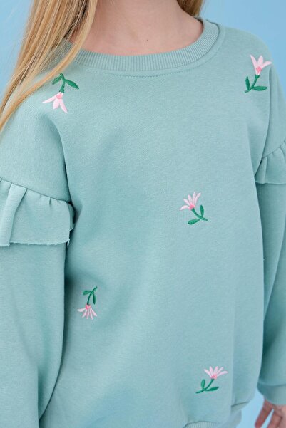 Perendi Girl's Ruffle Detailed Floral Embroidered Hooded Oversize Sweatshirt - Çağla