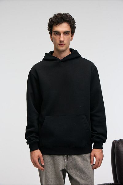 GRIMELANGE Amos men's soft fabric 3 thread o Oversized k Hooded kangaroo pocket black sweatshirt