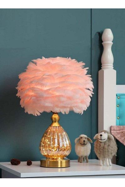 Generic HOME TASTE Feather Table Lamp with Plug-in Wire â€“ Modern LED Bedside Light for Makeup, Bedroom &