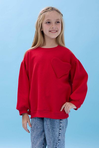 Perendi Girl's Heart Pocket Detailed Balloon Sleeve Hooded Sweatshirt - Red
