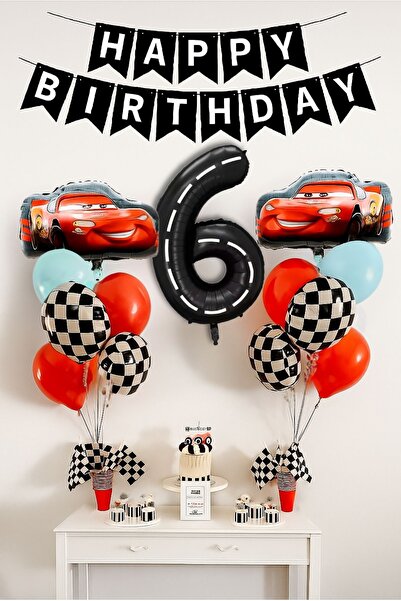 PARTİAVM 6 Yaş Şimşek Araba Doğum Günü Parti Seti Siyah Rakam Balon Happy Bir...