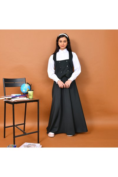 HAWRAA طقم مدرسي بتصميم فرنسي مكون من قطعتين : سديري مع تنورة كلوش- متوسط (زيتي)