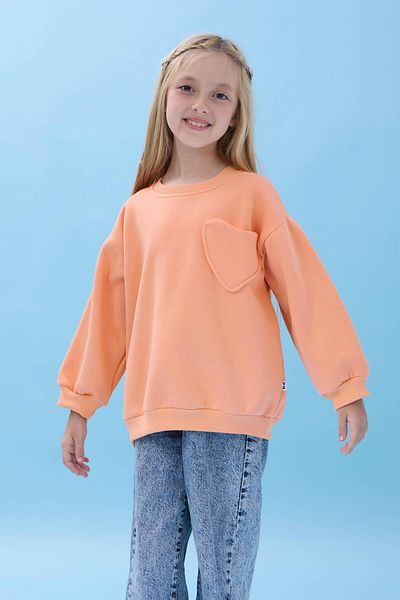 Perendi Girl's Heart Pocket Detailed Balloon Sleeve Hooded Sweatshirt - Peach