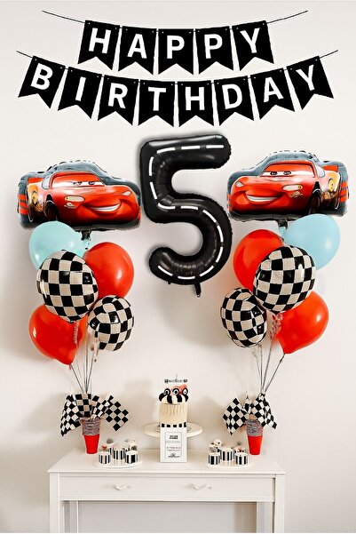 PARTİAVM 5 Yaş Şimşek Araba Doğum Günü Parti Seti Siyah Rakam Balon Happy Bir...