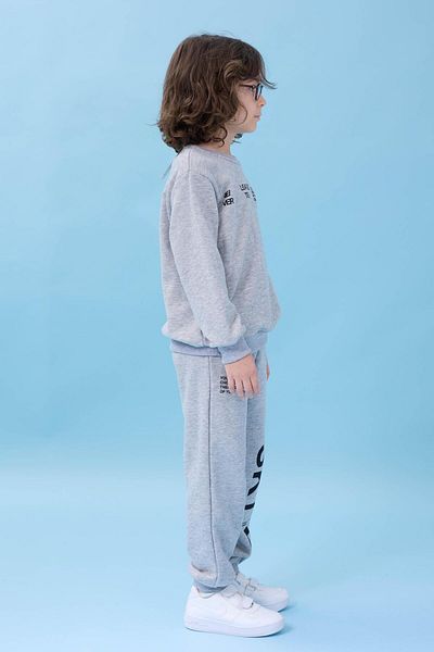 Perendi Boy's Crew Neck Printed Seasonal Top and Bottom Set - Gray
