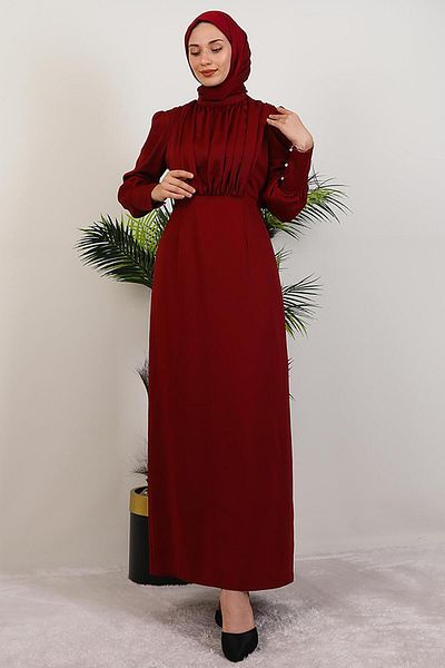 GİYZAMİLA Pleated Satin Dress from the Bust Burgundy