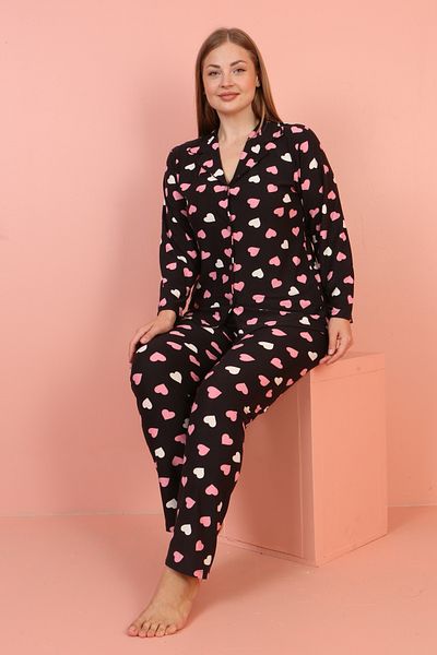 JENİKA Plus Size Black Modal Suede Fabric Heart Pattern Women's Pajamas Set
