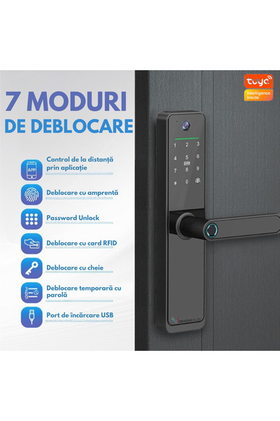 VisionHub Încuietoare inteligentă cu cameră video și ecran de interior, Yala cu aplicația Tuya, telecomandă, WiFi