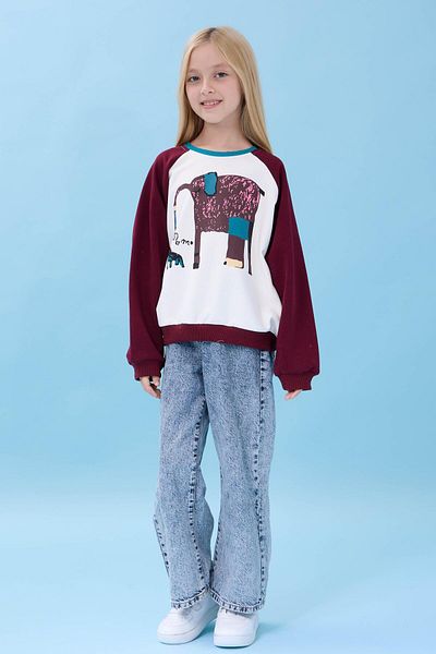 Perendi Girl's Elephant Printed Crew Neck Oversize Seasonal Sweatshirt - Ecru/Burgundy