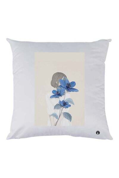 Generic Girl With Flower Printed Throw Pillow White/Blue/Beige 30x30cm