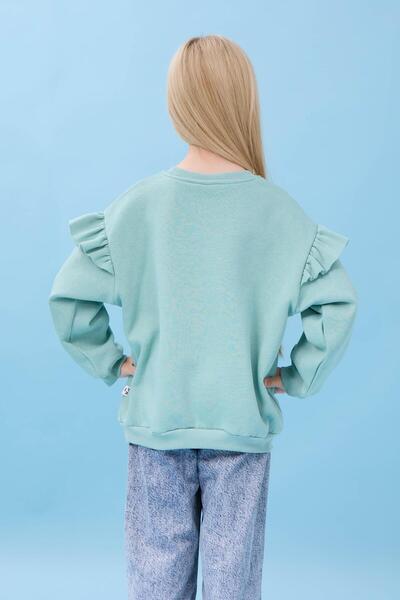 Perendi Girl's Ruffle Detailed Floral Embroidered Hooded Oversize Sweatshirt - Çağla