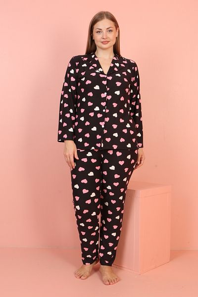 JENİKA Plus Size Black Modal Suede Fabric Heart Pattern Women's Pajamas Set