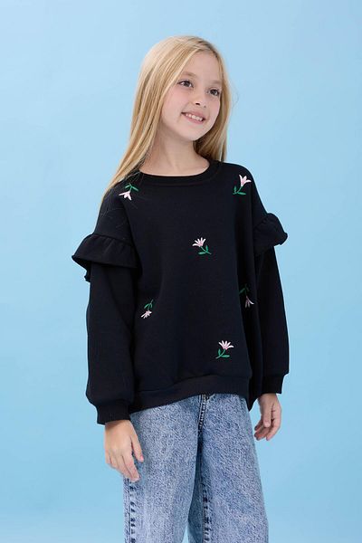 Perendi Girl's Ruffle Detailed Floral Embroidered Hooded Oversize Sweatshirt - Black