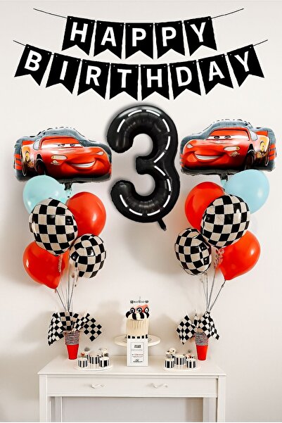 PARTİAVM 3 Yaş Şimşek Araba Doğum Günü Parti Seti Siyah Rakam Balon Happy Bir...